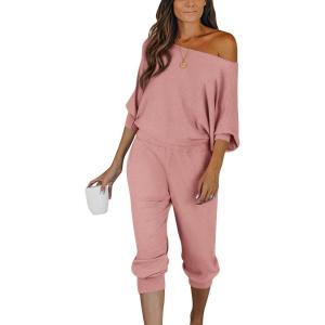 imagePRETTYGARDEN Two Piece Sets for Women Fall 2025 Ribbed Knit Off Shoulder Tops Lounge Pants Tracksuit Fashion ClothingDusty Pink