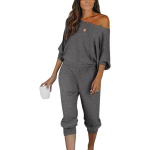 imagePRETTYGARDEN Two Piece Sets for Women Fall 2025 Ribbed Knit Off Shoulder Tops Lounge Pants Tracksuit Fashion ClothingGrey Blue