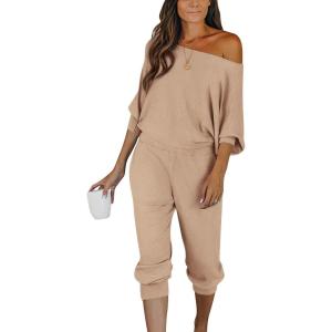 imagePRETTYGARDEN Two Piece Sets for Women Fall 2025 Ribbed Knit Off Shoulder Tops Lounge Pants Tracksuit Fashion ClothingKhaki