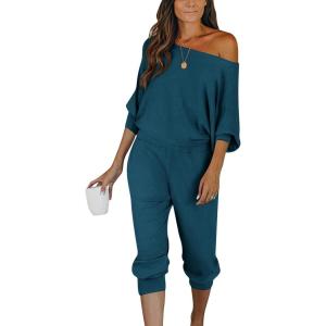 imagePRETTYGARDEN Two Piece Sets for Women Fall 2025 Ribbed Knit Off Shoulder Tops Lounge Pants Tracksuit Fashion ClothingLake Blue