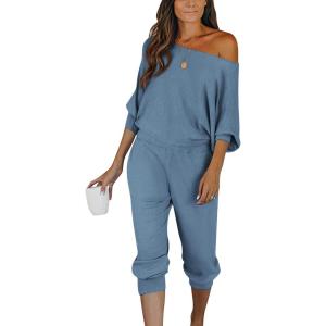 imagePRETTYGARDEN Two Piece Sets for Women Fall 2025 Ribbed Knit Off Shoulder Tops Lounge Pants Tracksuit Fashion ClothingLight Blue
