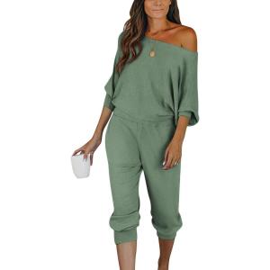imagePRETTYGARDEN Two Piece Sets for Women Fall 2025 Ribbed Knit Off Shoulder Tops Lounge Pants Tracksuit Fashion ClothingLight Green