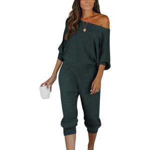 imagePRETTYGARDEN Two Piece Sets for Women Fall 2025 Ribbed Knit Off Shoulder Tops Lounge Pants Tracksuit Fashion ClothingNavy