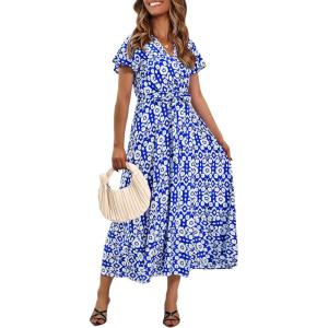 imagePRETTYGARDEN Women Boho Summer Side Split Deep V Neck Short Sleeves Maxi Dress with BeltPrint Blue