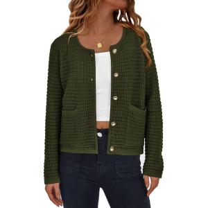 imagePRETTYGARDEN Women Knit Cardigan Sweaters Fall Fashion Long Sleeve Open Front Button Down Trendy Casual Jacket Winter ClothesArmy Green