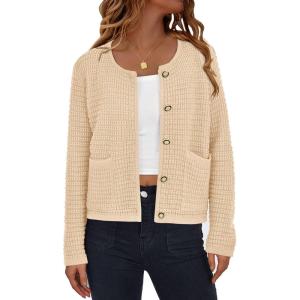 imagePRETTYGARDEN Women Knit Cardigan Sweaters Fall Fashion Long Sleeve Open Front Button Down Trendy Casual Jacket Winter ClothesBeige