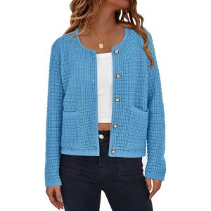 imagePRETTYGARDEN Women Knit Cardigan Sweaters Fall Fashion Long Sleeve Open Front Button Down Trendy Casual Jacket Winter ClothesBlue