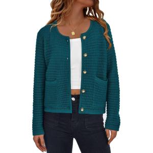 imagePRETTYGARDEN Women Knit Cardigan Sweaters Fall Fashion Long Sleeve Open Front Button Down Trendy Casual Jacket Winter ClothesBlue Green