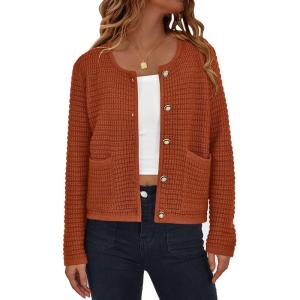 imagePRETTYGARDEN Women Knit Cardigan Sweaters Fall Fashion Long Sleeve Open Front Button Down Trendy Casual Jacket Winter ClothesCaramel