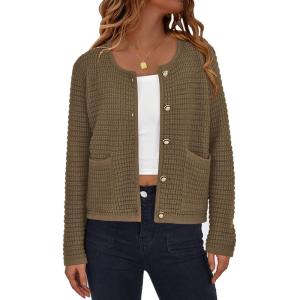 imagePRETTYGARDEN Women Knit Cardigan Sweaters Fall Fashion Long Sleeve Open Front Button Down Trendy Casual Jacket Winter ClothesDark Khaki