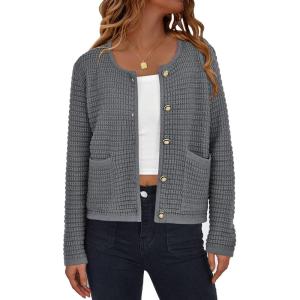 imagePRETTYGARDEN Women Knit Cardigan Sweaters Fall Fashion Long Sleeve Open Front Button Down Trendy Casual Jacket Winter ClothesGrey