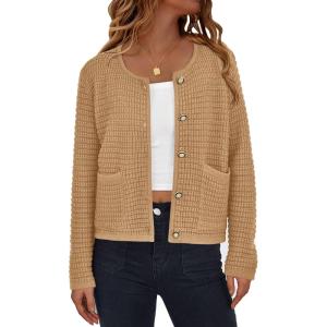 imagePRETTYGARDEN Women Knit Cardigan Sweaters Fall Fashion Long Sleeve Open Front Button Down Trendy Casual Jacket Winter ClothesKhaki
