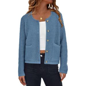 imagePRETTYGARDEN Women Knit Cardigan Sweaters Fall Fashion Long Sleeve Open Front Button Down Trendy Casual Jacket Winter ClothesMist Blue