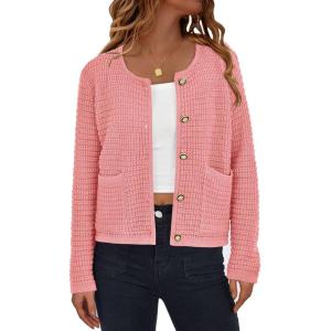 imagePRETTYGARDEN Women Knit Cardigan Sweaters Fall Fashion Long Sleeve Open Front Button Down Trendy Casual Jacket Winter ClothesPink