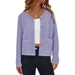 imagePRETTYGARDEN Women Knit Cardigan Sweaters Fall Fashion Long Sleeve Open Front Button Down Trendy Casual Jacket Winter ClothesPurple