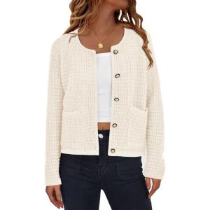 imagePRETTYGARDEN Women Knit Cardigan Sweaters Fall Fashion Long Sleeve Open Front Button Down Trendy Casual Jacket Winter ClothesWhite