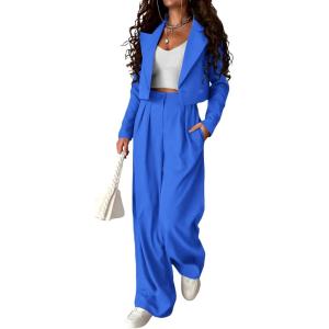 imagePRETTYGARDEN Womens 2 Piece Casual Outfits Cropped Blazer Jackets High Waisted Wide Leg Work Pants Suit SetBlue