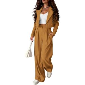 imagePRETTYGARDEN Womens 2 Piece Casual Outfits Cropped Blazer Jackets High Waisted Wide Leg Work Pants Suit SetBrown Yellow