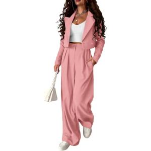 imagePRETTYGARDEN Womens 2 Piece Casual Outfits Cropped Blazer Jackets High Waisted Wide Leg Work Pants Suit SetLight Pink