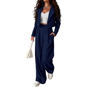 imagePRETTYGARDEN Womens 2 Piece Casual Outfits Cropped Blazer Jackets High Waisted Wide Leg Work Pants Suit SetNavy