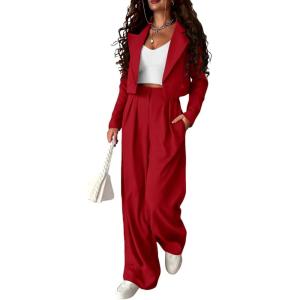 imagePRETTYGARDEN Womens 2 Piece Casual Outfits Cropped Blazer Jackets High Waisted Wide Leg Work Pants Suit SetRed