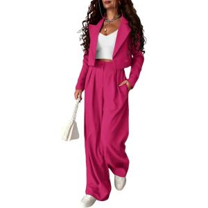 imagePRETTYGARDEN Womens 2 Piece Casual Outfits Cropped Blazer Jackets High Waisted Wide Leg Work Pants Suit SetRose Red