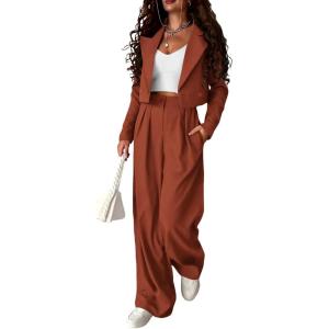 imagePRETTYGARDEN Womens 2 Piece Casual Outfits Cropped Blazer Jackets High Waisted Wide Leg Work Pants Suit SetRust Red