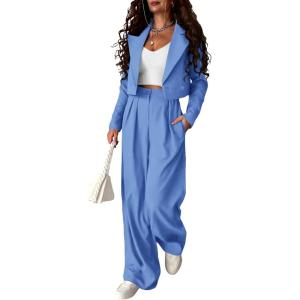 imagePRETTYGARDEN Womens 2 Piece Casual Outfits Cropped Blazer Jackets High Waisted Wide Leg Work Pants Suit SetSky Blue