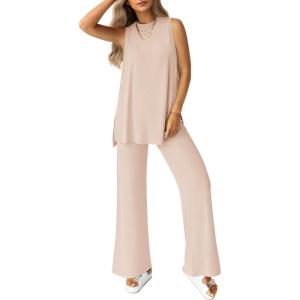 imagePRETTYGARDEN Womens 2 Piece Lounge Set 2025 Summer Casual Loose Tank Top Wide Leg Pants Matching Travel Outfits TracksuitBeige