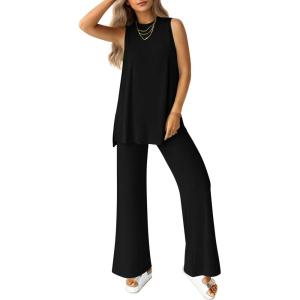 imagePRETTYGARDEN Womens 2 Piece Lounge Set 2025 Summer Casual Loose Tank Top Wide Leg Pants Matching Travel Outfits TracksuitBlack