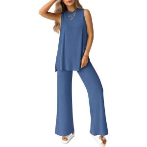 imagePRETTYGARDEN Womens 2 Piece Lounge Set 2025 Summer Casual Loose Tank Top Wide Leg Pants Matching Travel Outfits TracksuitBlue