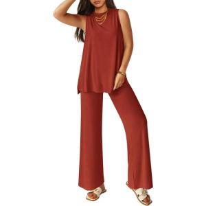 imagePRETTYGARDEN Womens 2 Piece Lounge Set 2025 Summer Casual Loose Tank Top Wide Leg Pants Matching Travel Outfits TracksuitBrick Red