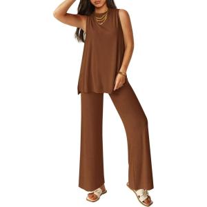 imagePRETTYGARDEN Womens 2 Piece Lounge Set 2025 Summer Casual Loose Tank Top Wide Leg Pants Matching Travel Outfits TracksuitBrown