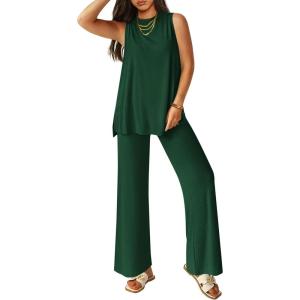 imagePRETTYGARDEN Womens 2 Piece Lounge Set 2025 Summer Casual Loose Tank Top Wide Leg Pants Matching Travel Outfits TracksuitDark Green