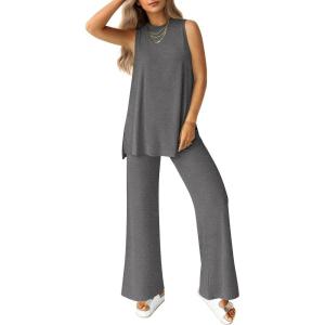 imagePRETTYGARDEN Womens 2 Piece Lounge Set 2025 Summer Casual Loose Tank Top Wide Leg Pants Matching Travel Outfits TracksuitDark Grey