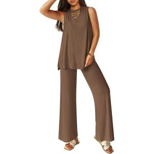 imagePRETTYGARDEN Womens 2 Piece Lounge Set 2025 Summer Casual Loose Tank Top Wide Leg Pants Matching Travel Outfits TracksuitDark Khaki