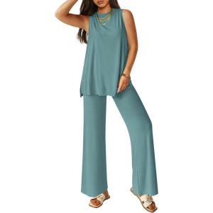 imagePRETTYGARDEN Womens 2 Piece Lounge Set 2025 Summer Casual Loose Tank Top Wide Leg Pants Matching Travel Outfits TracksuitFruit Green