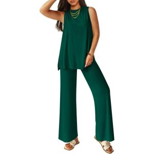 imagePRETTYGARDEN Womens 2 Piece Lounge Set 2025 Summer Casual Loose Tank Top Wide Leg Pants Matching Travel Outfits TracksuitGreen