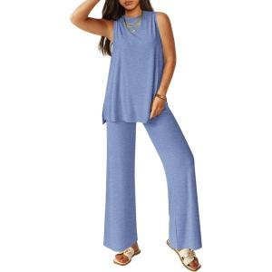 imagePRETTYGARDEN Womens 2 Piece Lounge Set 2025 Summer Casual Loose Tank Top Wide Leg Pants Matching Travel Outfits TracksuitGrey Blue