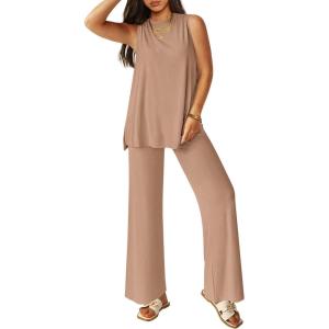 imagePRETTYGARDEN Womens 2 Piece Lounge Set 2025 Summer Casual Loose Tank Top Wide Leg Pants Matching Travel Outfits TracksuitKhaki