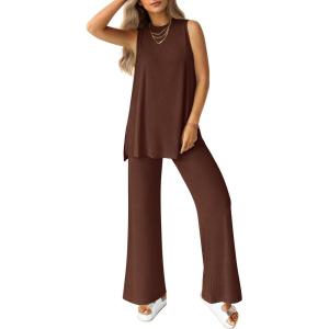 imagePRETTYGARDEN Womens 2 Piece Lounge Set 2025 Summer Casual Loose Tank Top Wide Leg Pants Matching Travel Outfits TracksuitLight Coffee