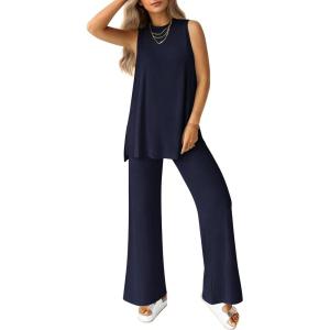 imagePRETTYGARDEN Womens 2 Piece Lounge Set 2025 Summer Casual Loose Tank Top Wide Leg Pants Matching Travel Outfits TracksuitNavy
