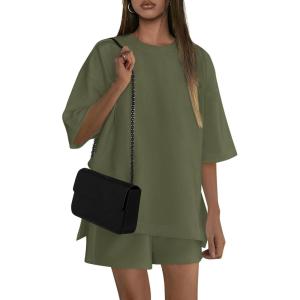 imagePRETTYGARDEN Womens 2 Piece Lounge Sets 2025 Summer Short Sleeve Tunic Tops Drawstring Shorts Matching Outfits TracksuitsArmy Green