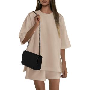 imagePRETTYGARDEN Womens 2 Piece Lounge Sets 2025 Summer Short Sleeve Tunic Tops Drawstring Shorts Matching Outfits TracksuitsBeige