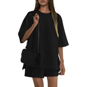 imagePRETTYGARDEN Womens 2 Piece Lounge Sets 2025 Summer Short Sleeve Tunic Tops Drawstring Shorts Matching Outfits TracksuitsBlack