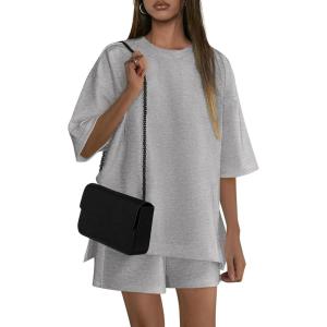 imagePRETTYGARDEN Womens 2 Piece Lounge Sets 2025 Summer Short Sleeve Tunic Tops Drawstring Shorts Matching Outfits TracksuitsGrey
