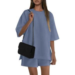 imagePRETTYGARDEN Womens 2 Piece Lounge Sets 2025 Summer Short Sleeve Tunic Tops Drawstring Shorts Matching Outfits TracksuitsGrey Blue