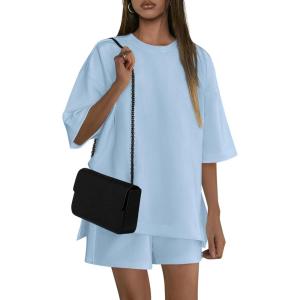 imagePRETTYGARDEN Womens 2 Piece Lounge Sets 2025 Summer Short Sleeve Tunic Tops Drawstring Shorts Matching Outfits TracksuitsLight Blue