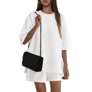 imagePRETTYGARDEN Womens 2 Piece Lounge Sets 2025 Summer Short Sleeve Tunic Tops Drawstring Shorts Matching Outfits TracksuitsWhite