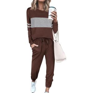 imagePRETTYGARDEN Womens 2 Piece Sets 2025 Long Sleeve Tops High Waisted Sweatpants Lounge Set Fall Fashion Travel OutfitsBrown